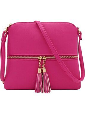 Women's Fuchsia Faux Leather Tassel Fringe Adjustable Strap Crossbody Bag